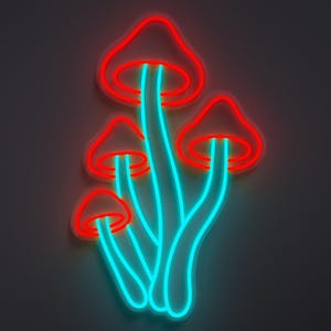 Magical mushroom neon sign in red and light blue.