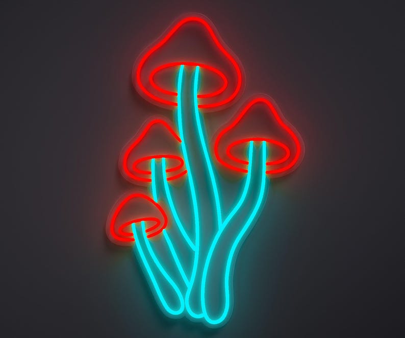 Magical mushroom neon sign in red and light blue.