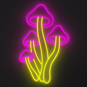 Magical mushroom neon sign in hot pink and lemon yellow.