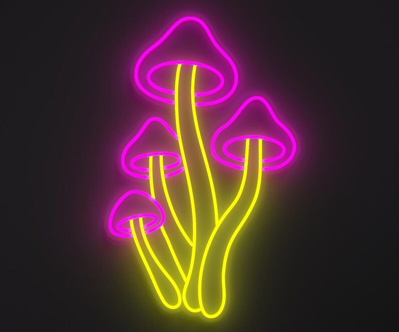 Magical mushroom neon sign in hot pink and lemon yellow.