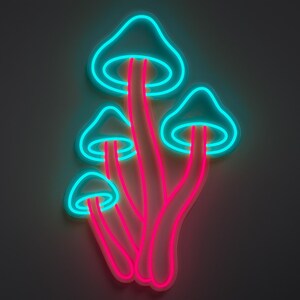 Magical mushroom neon sign in light blue and hot pink.