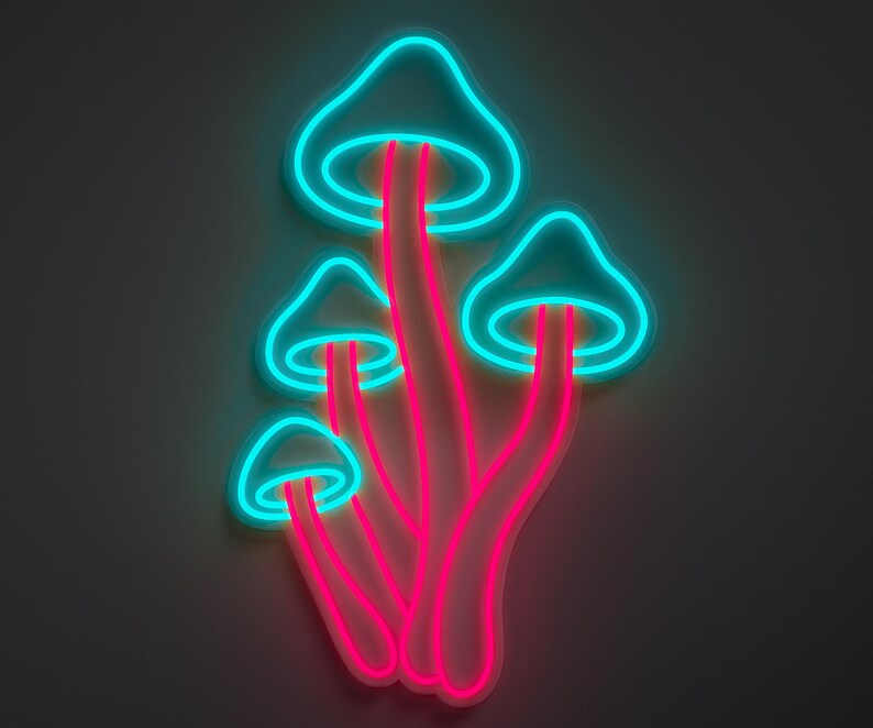 Magical mushroom neon sign in light blue and hot pink.