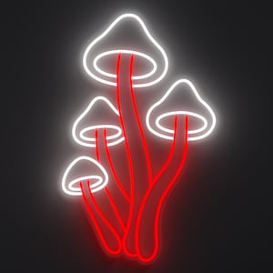 Magical mushroom neon sign in white and red.
