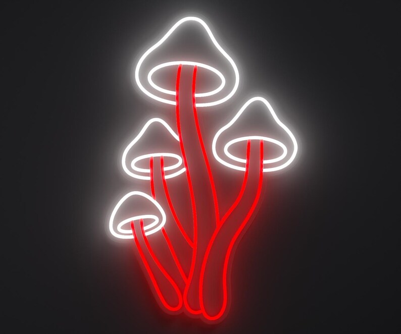 Magical mushroom neon sign in white and red.
