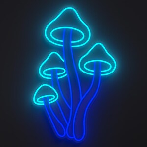 Magical mushroom neon sign in blue and light blue.