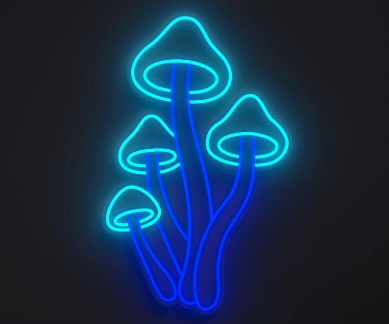 Magical mushroom neon sign in blue and light blue.