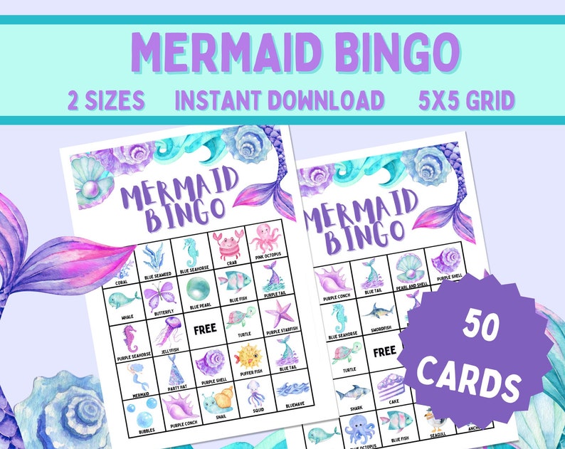 50 Mermaid Bingo Cards Birthday Party Bingo Printable Activity Kids Party Games Party Favours Instant Download PDF