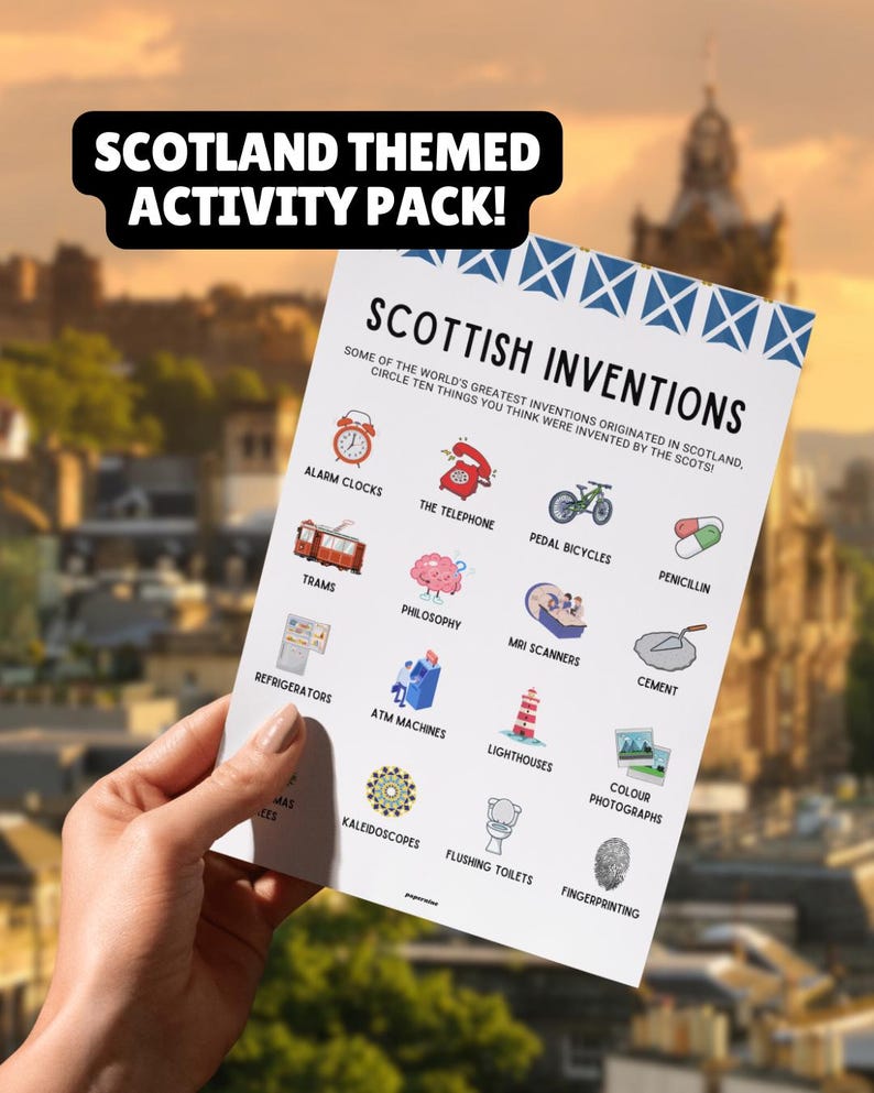 Scotland-themed printable scottish inventions game for children.