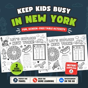 Peut inclure: Deux feuilles d'activités imprimables intitulées LET'S EXPLORE NEW YORK! avec des dessins au trait noir et blanc comprenant un labyrinthe, un mot mêlé et un jeu de choix. Les feuilles incluent la Statue de la Liberté, un taxi et un hot-dog.
