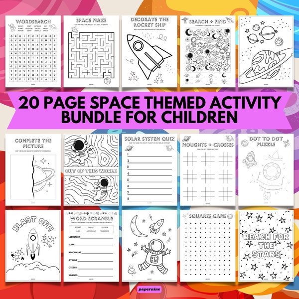 20 Page Space Themed Printable Activity Bundle For Children | Space Party Games Coloring Pages Kids Fun Learning Activities Instant Download