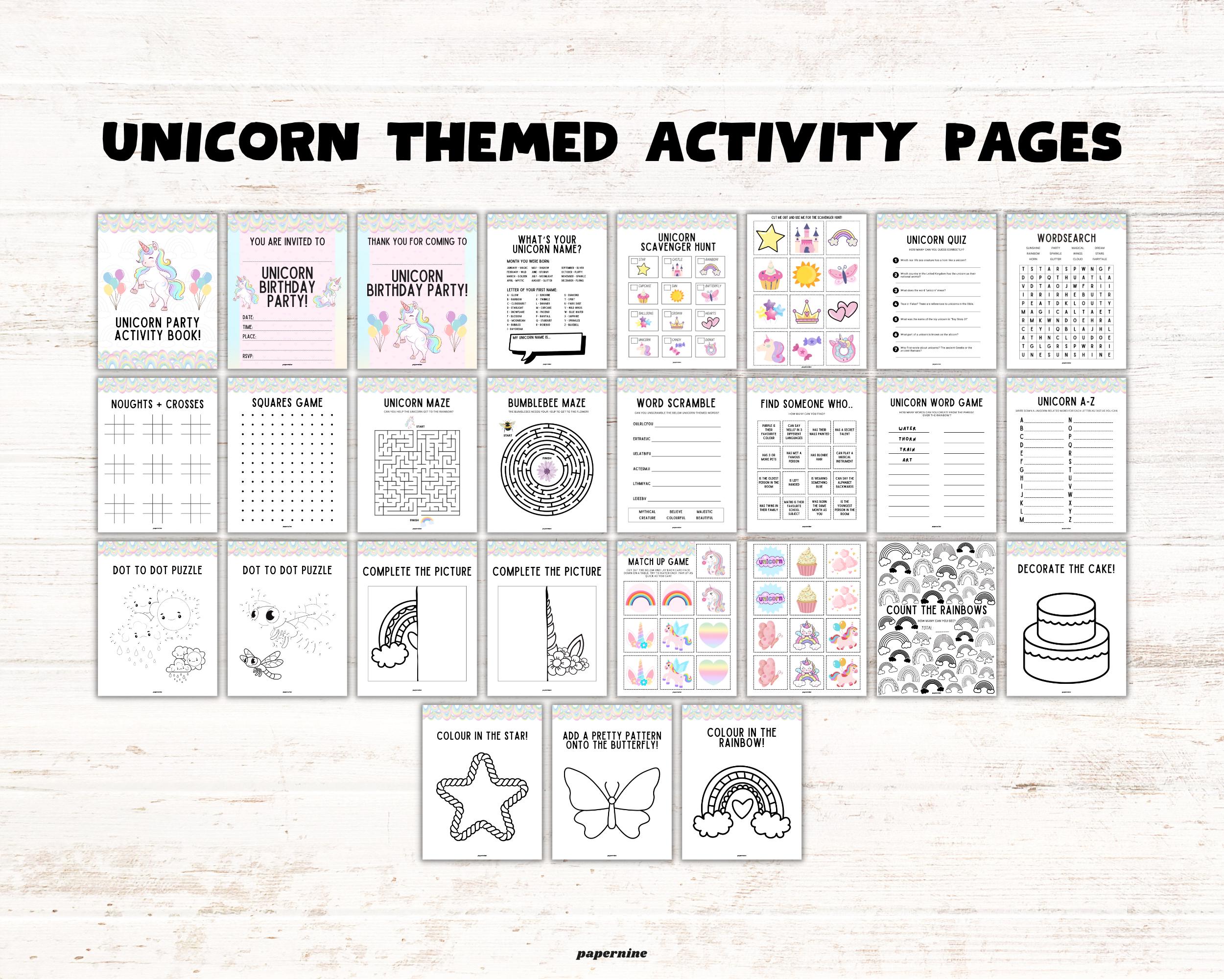 Unicorn Printable Activity Book for Kids: Fun Games, Puzzles & Coloring ...