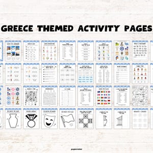 May include: A collection of Greece-themed activity pages. The pages feature various games and puzzles, including word searches, quizzes, and coloring pages. The pages are bordered with a blue and white decorative pattern and include the text "GREECE THEMED ACTIVITY PAGES".