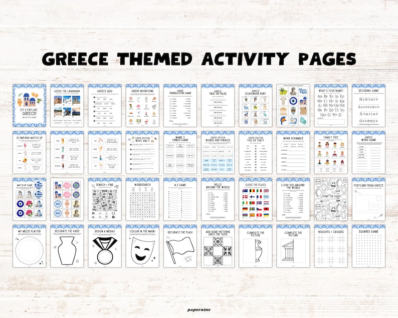 May include: A collection of Greece-themed activity pages. The pages feature various games and puzzles, including word searches, quizzes, and coloring pages. The pages are bordered with a blue and white decorative pattern and include the text "GREECE THEMED ACTIVITY PAGES".