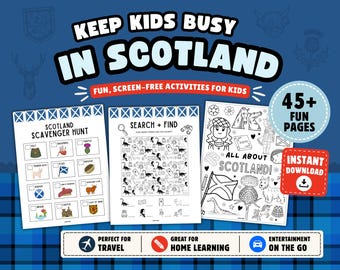 Puede incluir: Imagen promocional de páginas de actividades infantiles con el texto "KEEP KIDS BUSY IN SCOTLAND". La imagen presenta una búsqueda del tesoro, buscar y encontrar, y páginas para colorear. Las páginas están diseñadas para actividades divertidas y sin pantalla para niños.