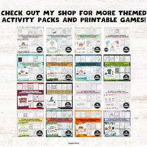 Check out my shop for more themed activity packs and printable games. Other activity pack themes include wedding, christening, birthday, baby shower, road trip, cruise, football, superhero, wizards and witches, unicorn, slumber party, spring, summer, fall and winter.