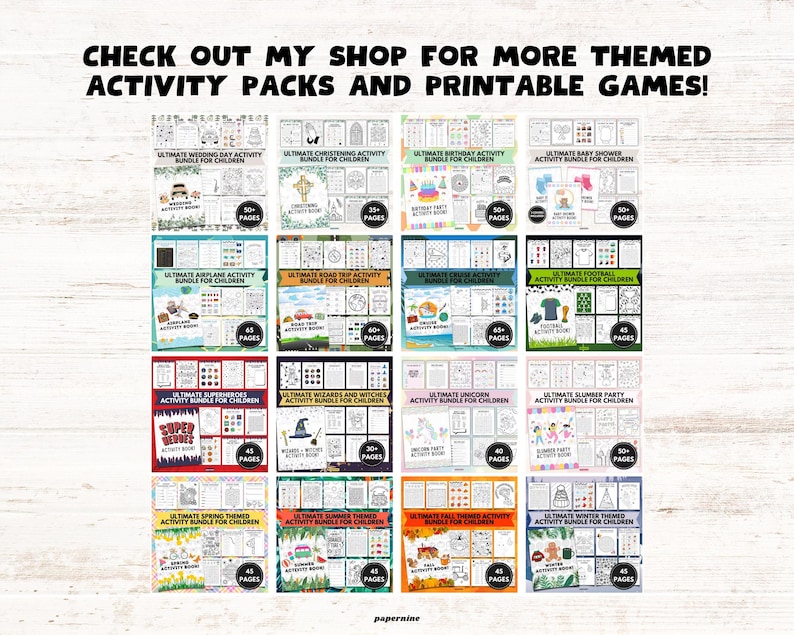 Check out my shop for more themed activity packs and printable games. Other activity pack themes include wedding, christening, birthday, baby shower, road trip, cruise, football, superhero, wizards and witches, unicorn, slumber party, spring, summer, fall and winter.