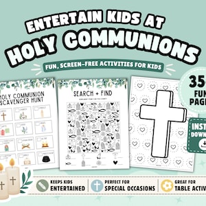 Puede incluir: Una descarga digital con páginas de actividades para la Santa Comunión. La imagen incluye una búsqueda del tesoro, un juego de buscar y encontrar y una página para colorear con una cruz. El texto dice "Entretener a los niños en la Sagrada Comunión".