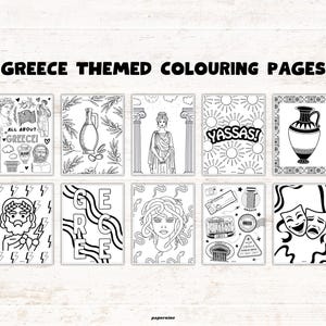 May include: Black and white line art coloring pages with a Greece theme. The pages feature illustrations of Greek vases, statues, and the word "Yassas!" surrounded by suns. The text "GREECE THEMED COLOURING PAGES" is at the top.