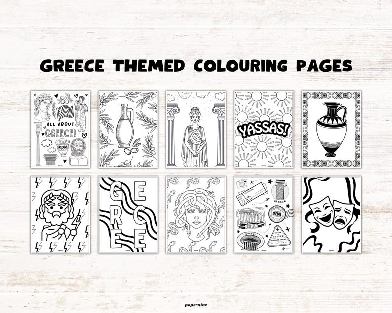 May include: Black and white line art coloring pages with a Greece theme. The pages feature illustrations of Greek vases, statues, and the word "Yassas!" surrounded by suns. The text "GREECE THEMED COLOURING PAGES" is at the top.