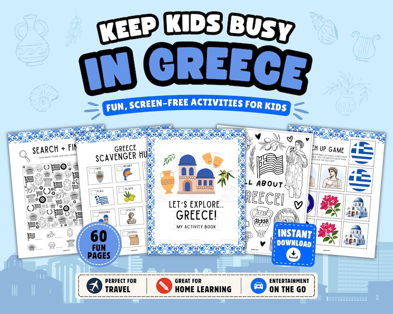Greece Printable Activity Book for Kids: Travel Games, Puzzles & Coloring Pages (Instant Download) image 1
