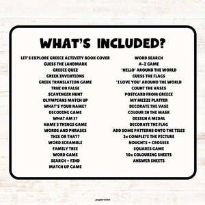 May include: A white rectangular sign with a black border lists the contents of a Greece-themed activity book. The text includes games, quizzes, and coloring sheets. The title "WHAT'S INCLUDED?" is in bold, black letters.