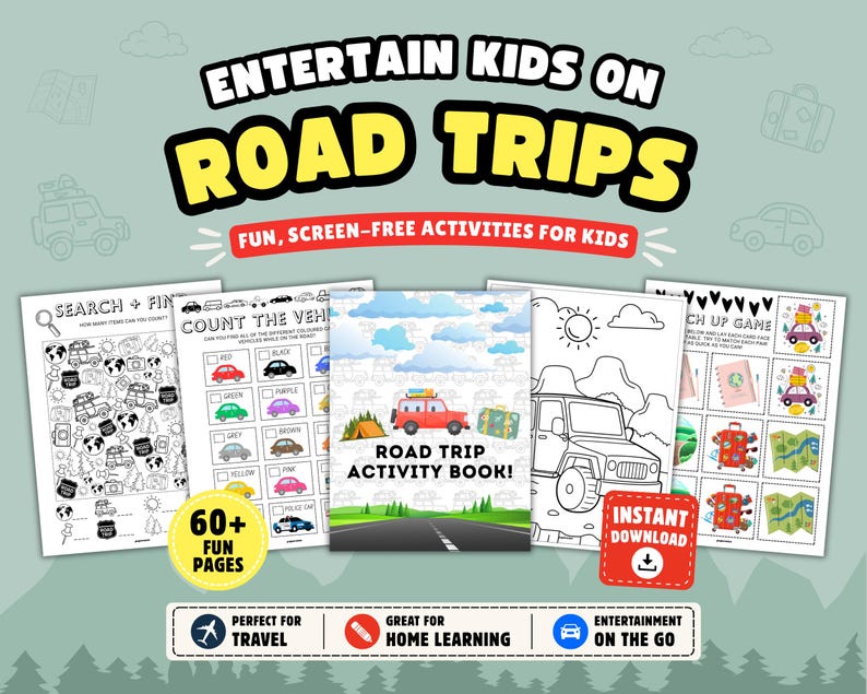 Road Trip Printable Activity Book for Kids: Travel Games, Puzzles & Coloring Pages (Instant Download) image 1