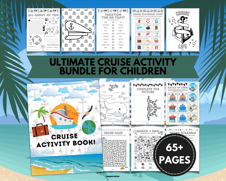 Ultimate Cruise Themed Printable Activity Bundle Pack For Children 65 Page Ship Boat Games Family Holiday Vacation Travel Journal Colouring image 1