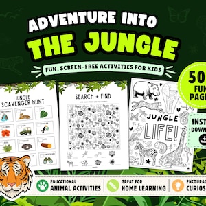 May include: A digital activity book titled ADVENTURE INTO THE JUNGLE featuring 50+ fun pages for kids. Includes a jungle scavenger hunt, a search and find game, and a jungle life colouring page with various animals like a giraffe and zebra.
