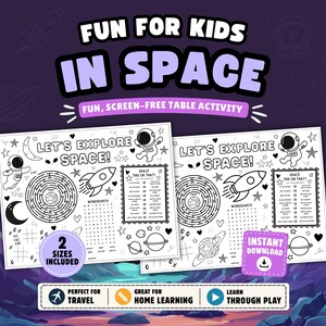 May include: Two printable activity sheets featuring space-themed games including a maze, word search, and tic-tac-toe. The text reads FUN FOR KIDS IN SPACE, LET'S EXPLORE SPACE, SPACE THIS OR THAT, 2 SIZES INCLUDED, and INSTANT DOWNLOAD.