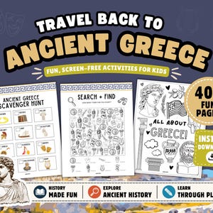 Può includere: Immagine promozionale per pagine di attività a tema Antica Grecia per bambini. Il design presenta il testo "Viaggia indietro nell'Antica Grecia" e "Attività divertenti senza schermo per bambini". L'immagine include una caccia al tesoro, cerca e trova e pagine da colorare.