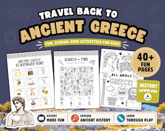 Libro de actividades imprimible de la Antigua Grecia para niños: Juegos de historia, rompecabezas y páginas para colorear (descarga inmediata)