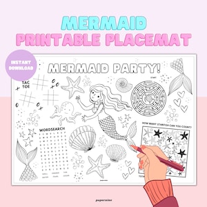 Hoja para colorear imprimible de sirena, mantel individual de actividades para niños, juegos de mesa para la cena, juegos de fiesta de sirena bajo el mar, manualidades, mantel individual para colorear, divertido