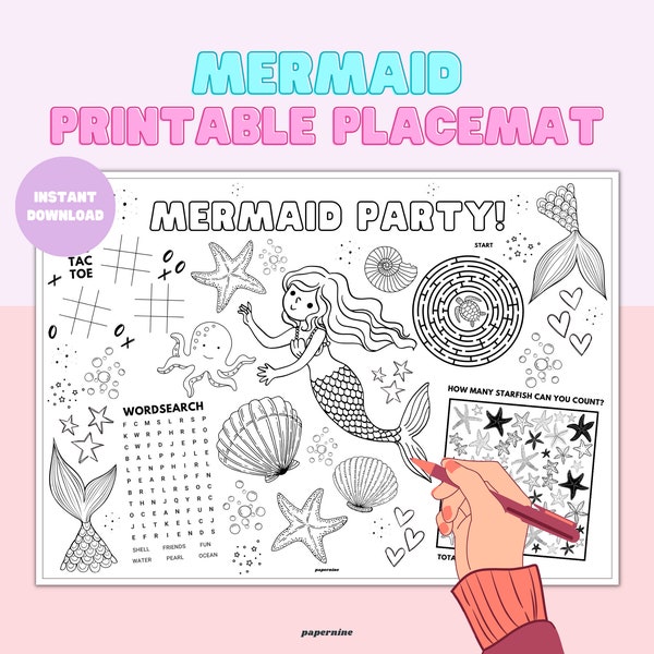 Mermaid Printable Colouring Sheet, Kids Activity Placemat Dinner Table Games, Under The Sea Mermaid Party Games Crafts Coloring Placemat Fun