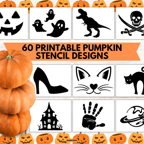 60 Printable Pumpkin Stencil Designs Halloween Activity For Children Jack-O-Lantern Carving Patterns Fall Autumn Seasonal Holiday Party Game