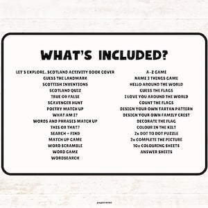 May include: A white card with a black border lists activities, including quizzes, games, and creative projects. The text "WHAT'S INCLUDED?" is at the top. The activities are themed around Scotland and world geography. The background is a light wood grain.