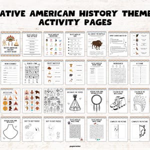 Pu&ograve; includere: Una raccolta di ventiquattro pagine di attivit&agrave; stampabili intitolata Native American History Themed Activity Pages. I fogli presentano vari giochi educativi, tra cui ricerche di parole, labirinti, unisci i puntini, pagine da colorare e attivit&agrave; di abbinamento con illustrazioni di tepee, acchiappasogni e animali.