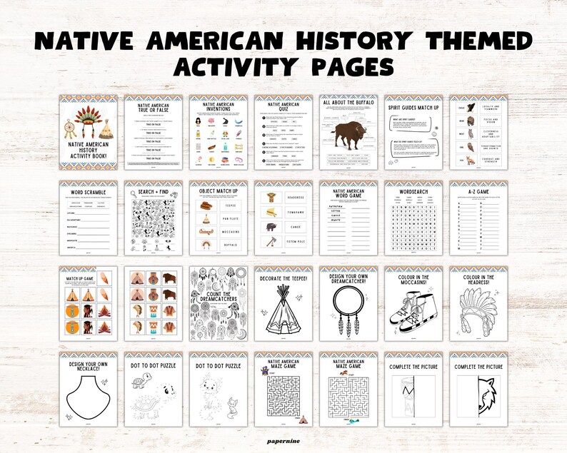 Pu&ograve; includere: Una raccolta di ventiquattro pagine di attivit&agrave; stampabili intitolata Native American History Themed Activity Pages. I fogli presentano vari giochi educativi, tra cui ricerche di parole, labirinti, unisci i puntini, pagine da colorare e attivit&agrave; di abbinamento con illustrazioni di tepee, acchiappasogni e animali.