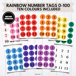 Rainbow Number Tags 0-100: Printable Classroom Labels (Instant Download)