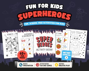 May include: A digital superhero activity book for kids featuring multiple pages with search and find games, scavenger hunts, matching games, and coloring sheets. The cover displays the text SUPER HEROES ACTIVITY BOOK in red and black.