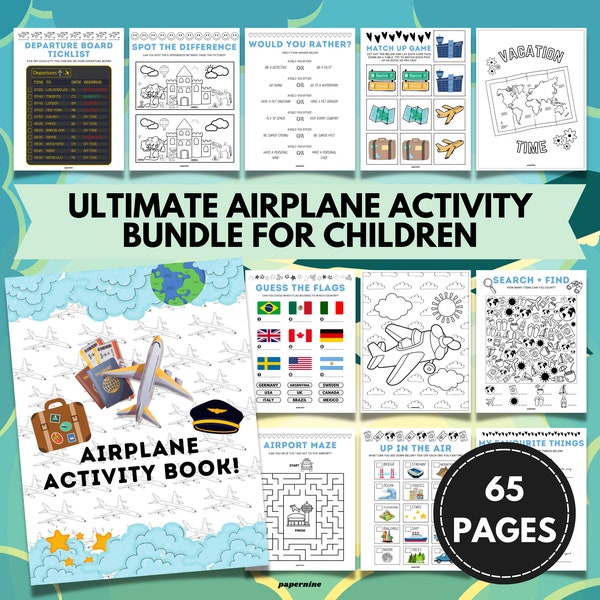 Ultimate Airplane Themed Printable Activity Bundle Pack For Children 65 Page Airplane Games Family Holiday Vacation Travel Journal Colouring