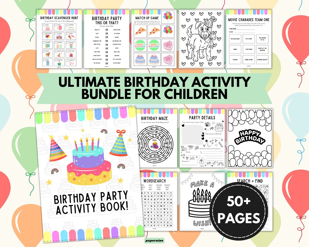 Ultimate Birthday Themed Printable Activity Bundle Pack for Children 50 ...