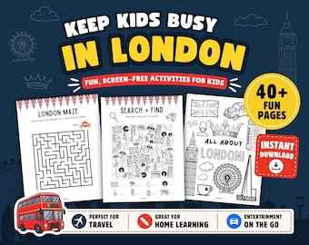 Libro di attività stampabile di Londra per bambini: giochi di viaggio, puzzle e pagine da colorare (download immediato)