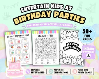 Livro de atividades imprimível de aniversário para crianças: jogos de festa, quebra-cabeças e páginas para colorir (download instantâneo)