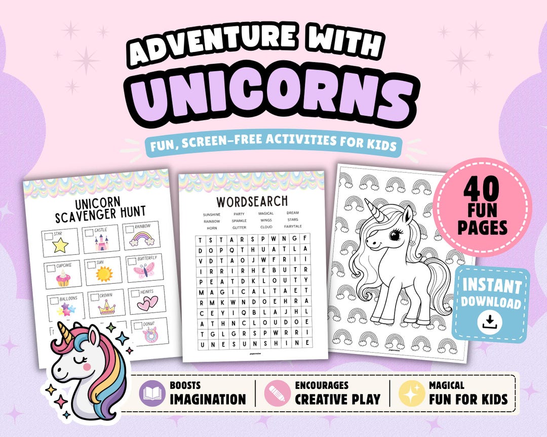 Unicorn Printable Activity Book for Kids: Fun Games, Puzzles & Coloring ...