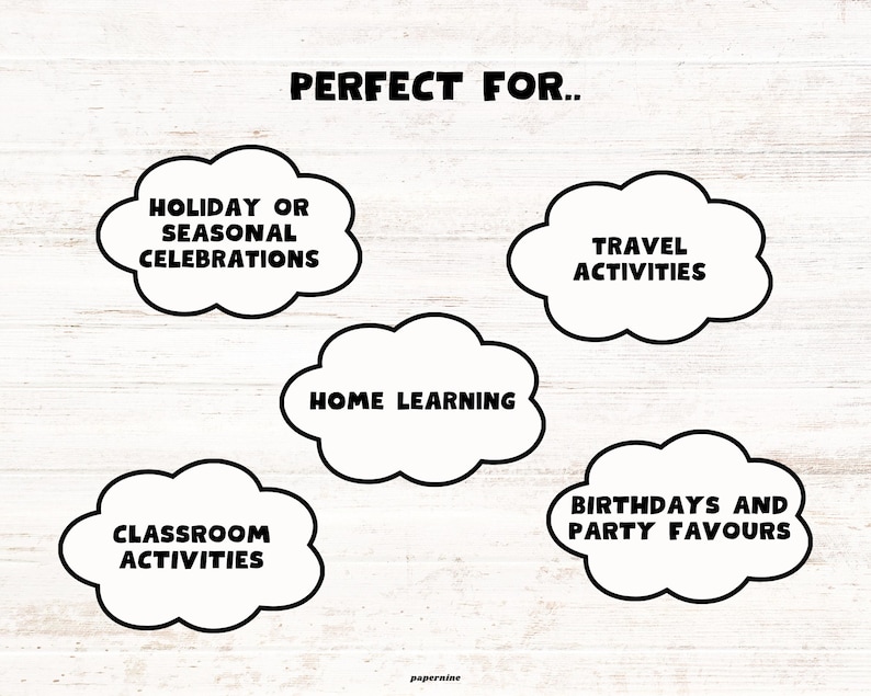 May include: White wooden background with text in black, including "PERFECT FOR..." and cloud-shaped text boxes. The text boxes list "HOLIDAY OR SEASONAL CELEBRATIONS", "TRAVEL ACTIVITIES", "HOME LEARNING", "CLASSROOM ACTIVITIES", and "BIRTHDAYS AND PARTY FAVORS".