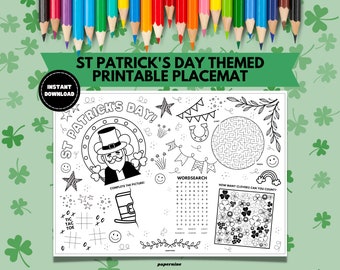 St Patricks Day Printable Placemat Colouring Sheet Holiday Childrens Activity Table Mat Party Games Kids Coloring Page Fun Instant Download