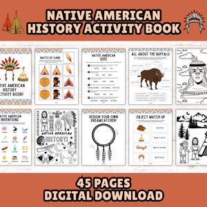 Afdrukbaar activiteitenboek Indiaanse geschiedenis voor kinderen: educatieve spelletjes, puzzels en kleurplaten (direct downloaden)