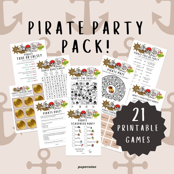 Pack d'activités imprimables sur le thème des pirates, 21 pages à colorier, jeux de société pirate, cadeaux de fête, pack d'activités à téléchargement immédiat