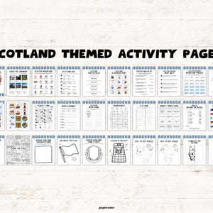 May include: A set of activity pages with a Scottish theme. The pages include games, quizzes, and colouring activities. The title "SCOTLAND THEMED ACTIVITY PAGES" is displayed at the top. The pages are printed on white paper.