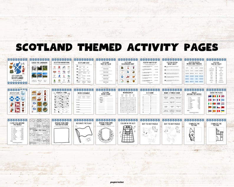 May include: A set of activity pages with a Scottish theme. The pages include games, quizzes, and colouring activities. The title "SCOTLAND THEMED ACTIVITY PAGES" is displayed at the top. The pages are printed on white paper.